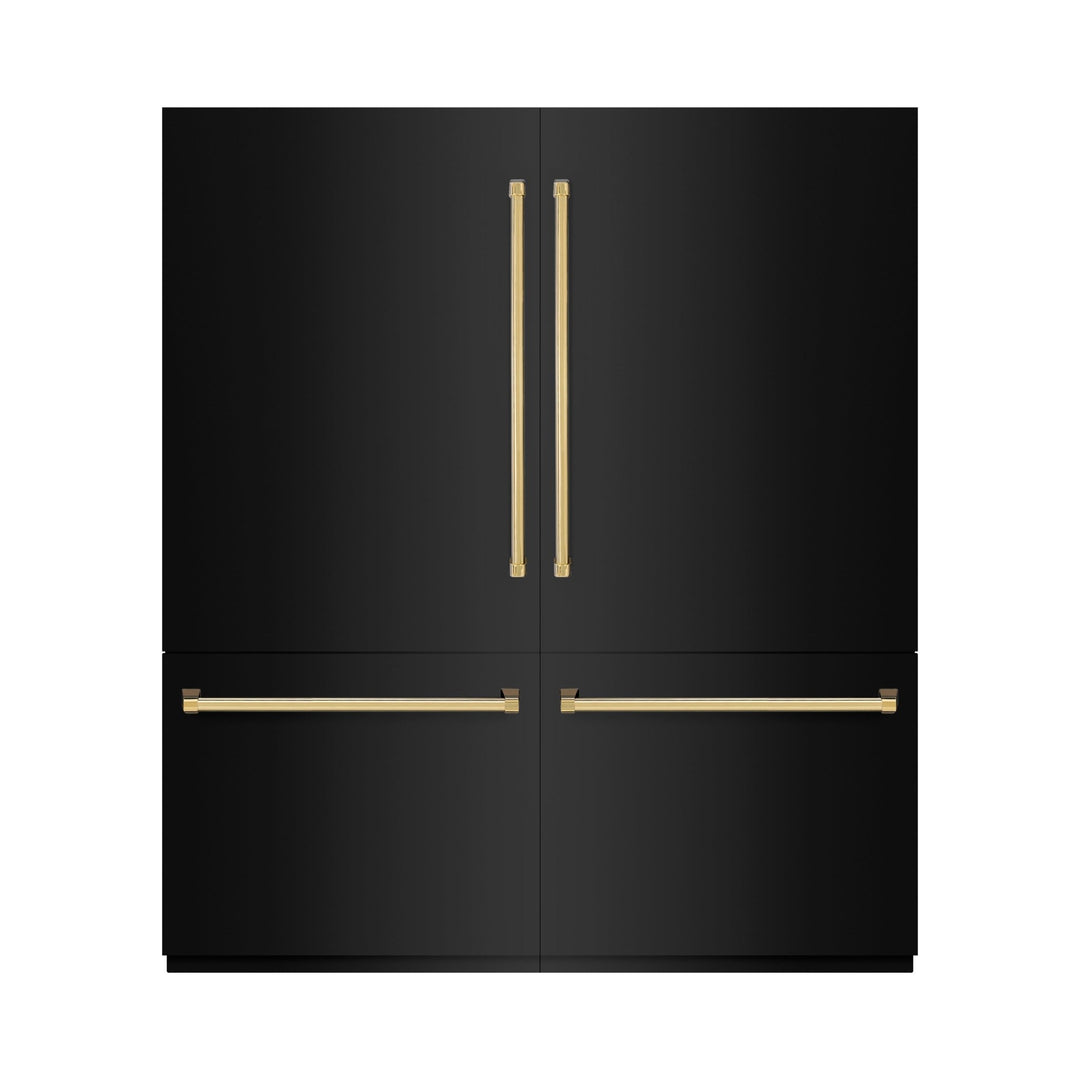 ZLINE Autograph Edition 72 in. 39.6 cu. ft. French Door Built-In Bottom Freezer Refrigerator with Water Dispensers and Ice Makers in Black Stainless Steel and Polished Gold Accents (RBITZ-BS-72-G)