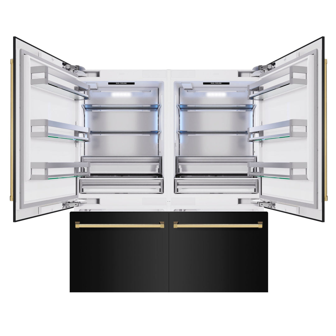 ZLINE Autograph Edition 72 in. 39.6 cu. ft. French Door Built-In Bottom Freezer Refrigerator with Water Dispensers and Ice Makers in Black Stainless Steel and Polished Gold Accents (RBITZ-BS-72-G)