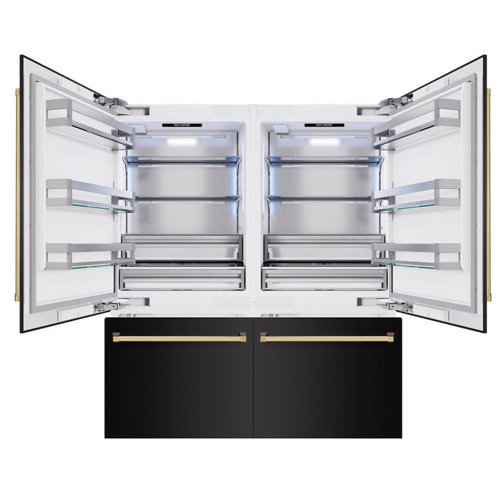 ZLINE Autograph Edition 72 in. 39.6 cu. ft. French Door Built-In Bottom Freezer Refrigerator with Water Dispensers and Ice Makers in Black Stainless Steel and Polished Gold Accents (RBITZ-BS-72-G)