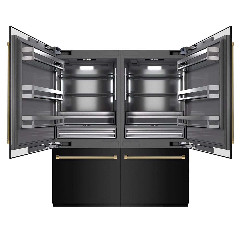 ZLINE Autograph Edition 72 in. 39.6 cu. ft. French Door Built-In Bottom Freezer Refrigerator with Water Dispensers and Ice Makers in Black Stainless Steel with Graphite Gray Interior and Polished Gold Helix Handles (GRBITZ-BS-72-KG)