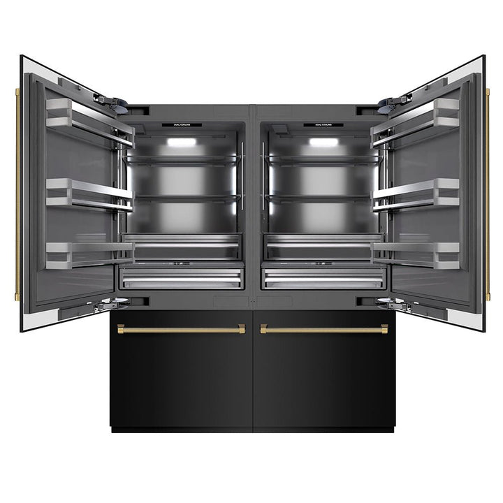 ZLINE Autograph Edition 72 in. 39.6 cu. ft. French Door Built-In Bottom Freezer Refrigerator with Water Dispensers and Ice Makers in Black Stainless Steel with Graphite Gray Interior and Polished Gold Helix Handles (GRBITZ-BS-72-KG)