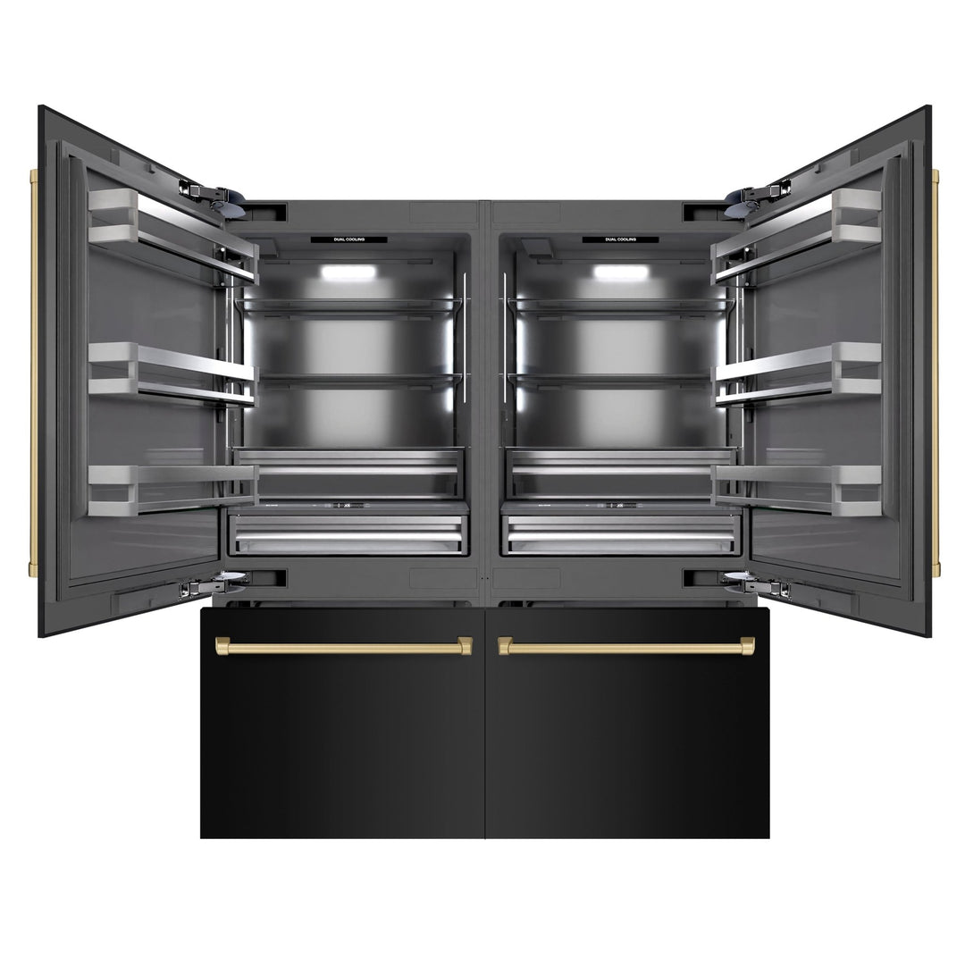 ZLINE Autograph Edition 72 in. 39.6 cu. ft. French Door Built-In Bottom Freezer Refrigerator with Water Dispensers and Ice Makers in Black Stainless Steel with Graphite Gray Interior and Champagne Bronze Accents (GRBITZ-BS-72-CB)