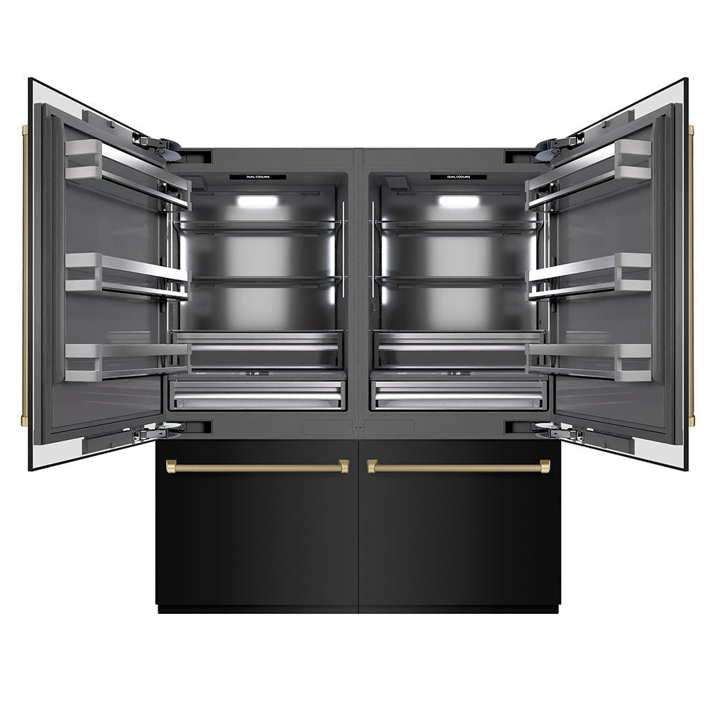 ZLINE Autograph Edition 72 in. 39.6 cu. ft. French Door Built-In Bottom Freezer Refrigerator with Water Dispensers and Ice Makers in Black Stainless Steel with Graphite Gray Interior and Champagne Bronze Helix Handles (GRBITZ-BS72-KCB)