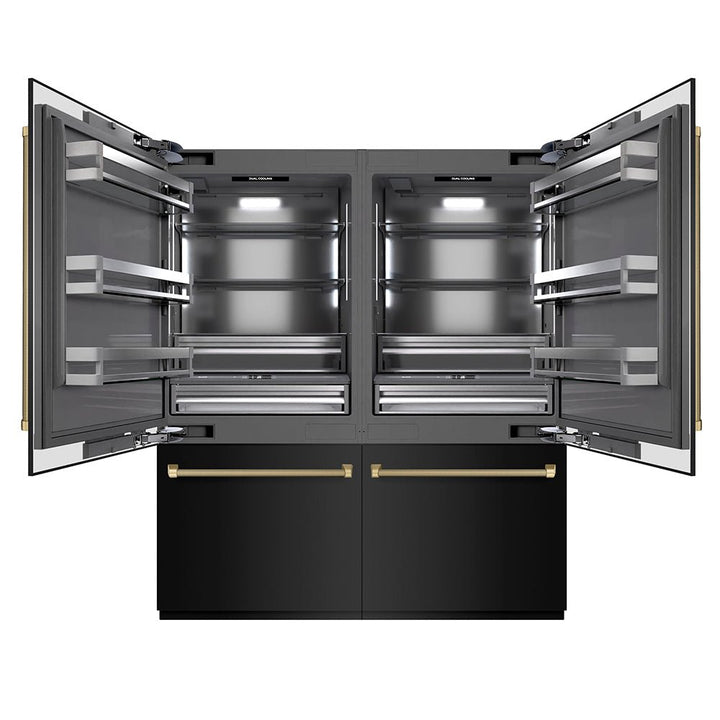 ZLINE Autograph Edition 72 in. 39.6 cu. ft. French Door Built-In Bottom Freezer Refrigerator with Water Dispensers and Ice Makers in Black Stainless Steel with Graphite Gray Interior and Champagne Bronze Helix Handles (GRBITZ-BS72-KCB)