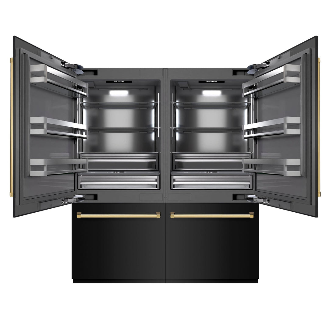ZLINE Autograph Edition 72 in. 39.6 cu. ft. French Door Built-In Bottom Freezer Refrigerator with Water Dispensers and Ice Makers in Black Stainless Steel with Graphite Gray Interior and Polished Gold Accents (GRBITZ-BS-72-G)