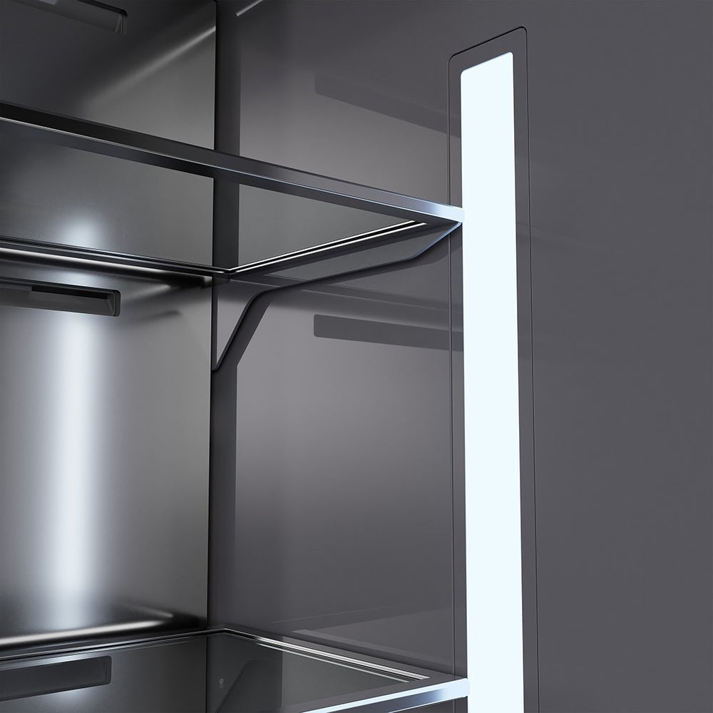 ZLINE Autograph Edition 72 in. 39.6 cu. ft. French Door Built-In Bottom Freezer Refrigerator with Water Dispensers and Ice Makers in Black Stainless Steel with Graphite Gray Interior and Champagne Bronze Helix Handles (GRBITZ-BS72-KCB)