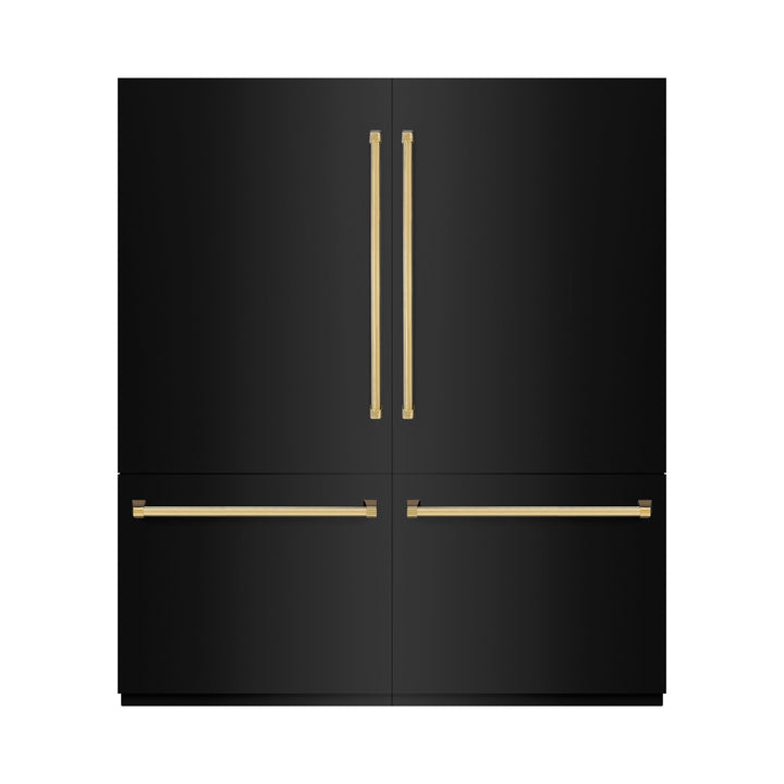 ZLINE Autograph Edition 72 in. 39.6 cu. ft. French Door Built-In Bottom Freezer Refrigerator with Water Dispensers and Ice Makers in Black Stainless Steel with Graphite Gray Interior and Polished Gold Accents (GRBITZ-BS-72-G)