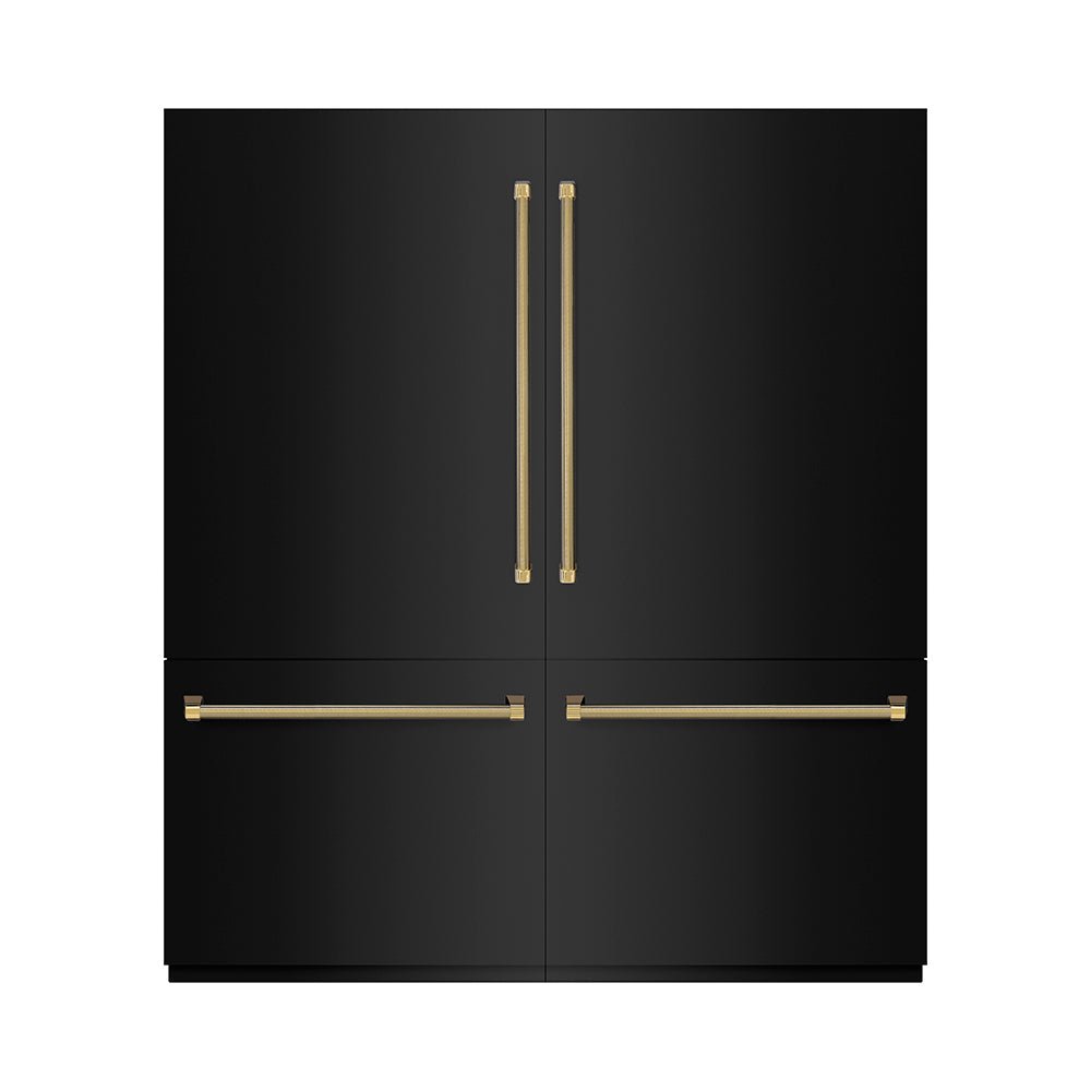 ZLINE Autograph Edition 72 in. 39.6 cu. ft. French Door Built-In Bottom Freezer Refrigerator with Water Dispensers and Ice Makers in Black Stainless Steel with Graphite Gray Interior and Polished Gold Helix Handles (GRBITZ-BS-72-KG)