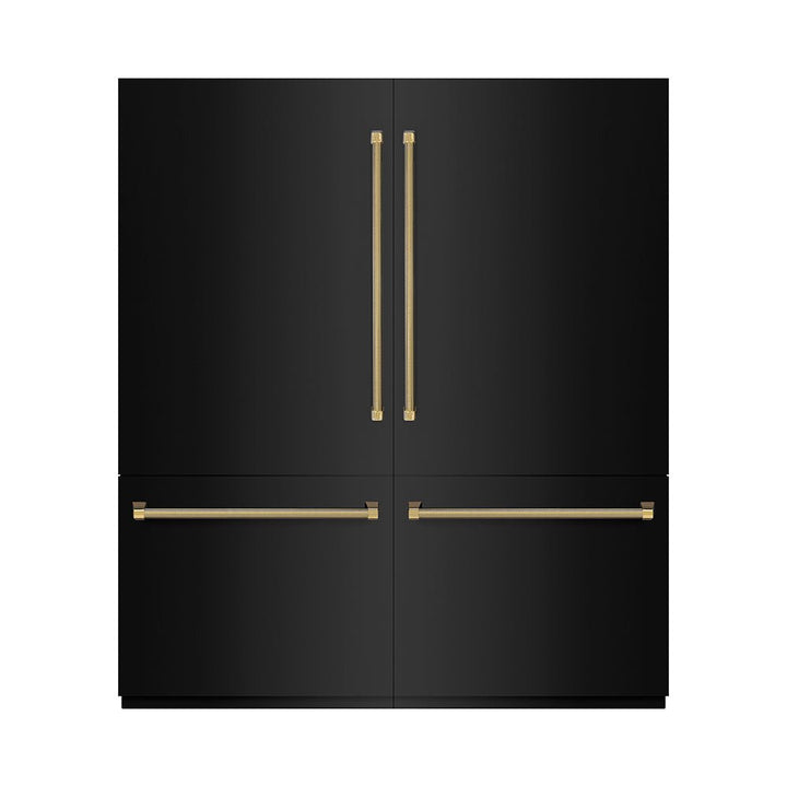 ZLINE Autograph Edition 72 in. 39.6 cu. ft. French Door Built-In Bottom Freezer Refrigerator with Water Dispensers and Ice Makers in Black Stainless Steel with Graphite Gray Interior and Polished Gold Helix Handles (GRBITZ-BS-72-KG)