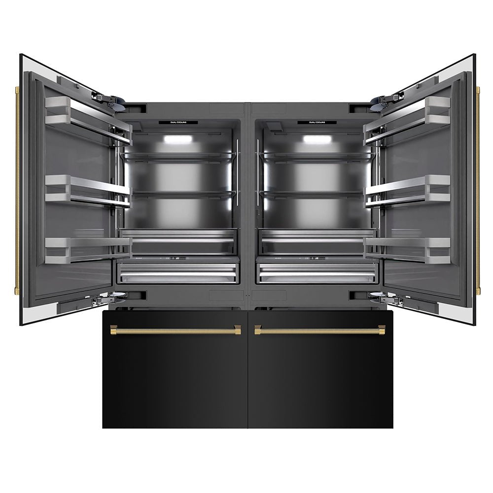 ZLINE Autograph Edition 72 in. 39.6 cu. ft. French Door Built-In Bottom Freezer Refrigerator with Water Dispensers and Ice Makers in Black Stainless Steel with Graphite Gray Interior and Polished Gold Helix Handles (GRBITZ-BS-72-KG)