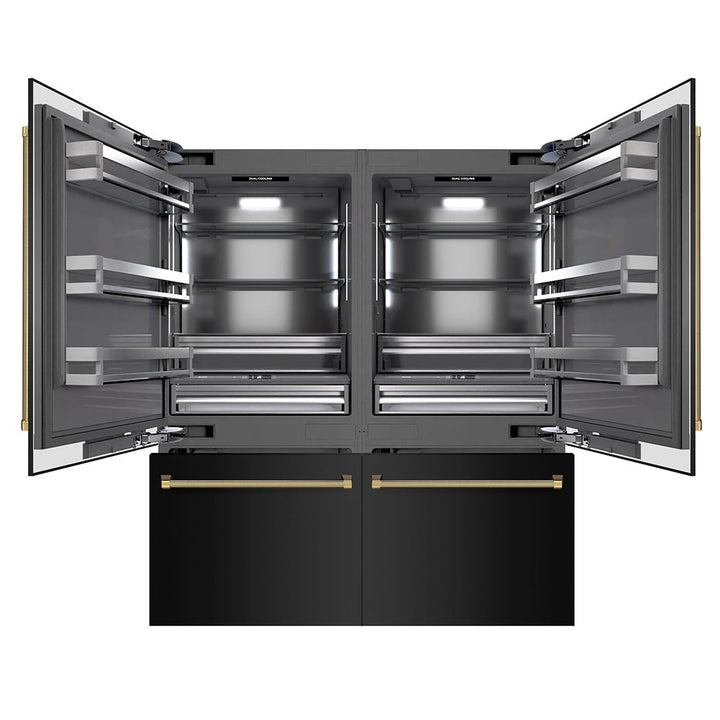 ZLINE Autograph Edition 72 in. 39.6 cu. ft. French Door Built-In Bottom Freezer Refrigerator with Water Dispensers and Ice Makers in Black Stainless Steel with Graphite Gray Interior and Polished Gold Helix Handles (GRBITZ-BS-72-KG)