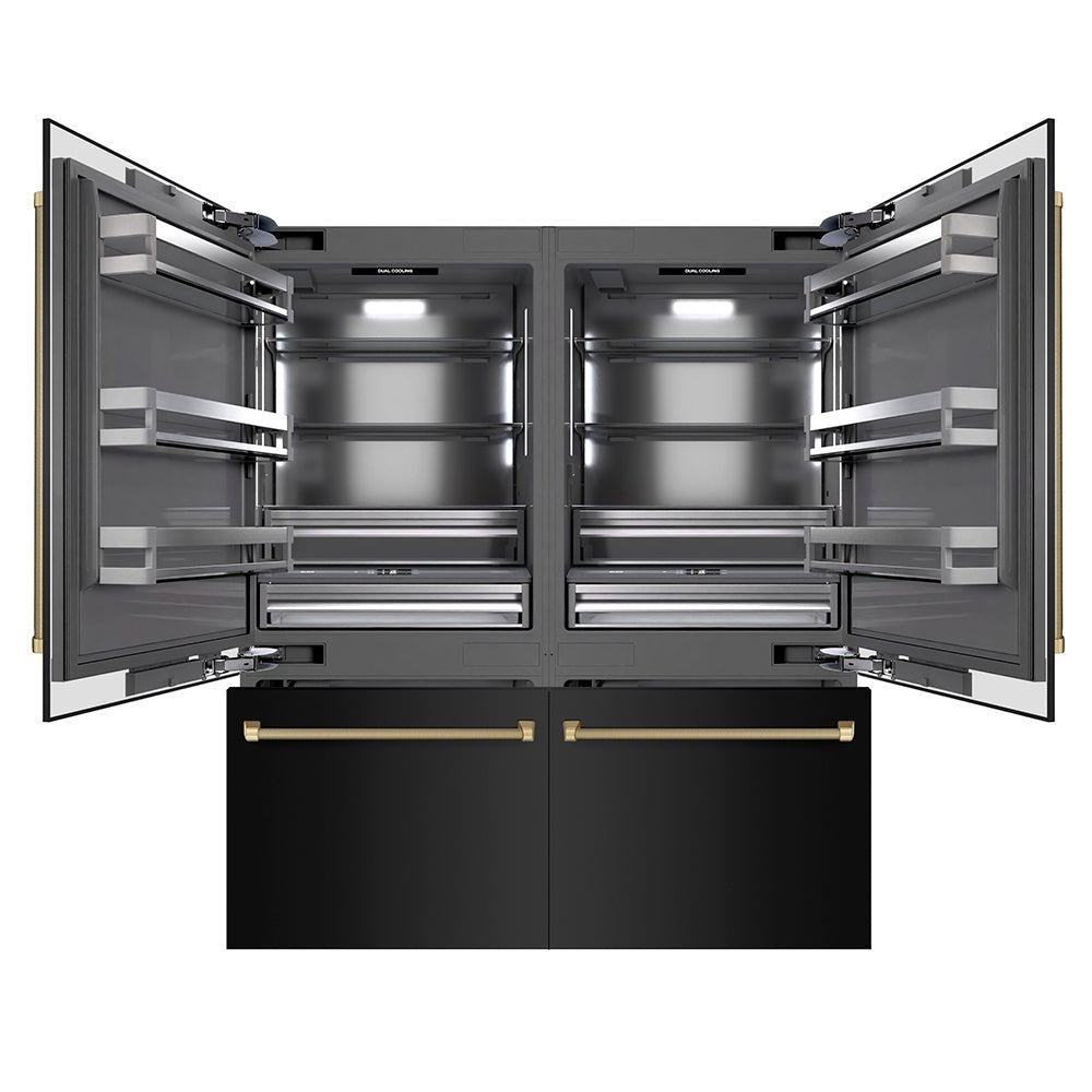 ZLINE Autograph Edition 72 in. 39.6 cu. ft. French Door Built-In Bottom Freezer Refrigerator with Water Dispensers and Ice Makers in Black Stainless Steel with Graphite Gray Interior and Champagne Bronze Helix Handles (GRBITZ-BS72-KCB)