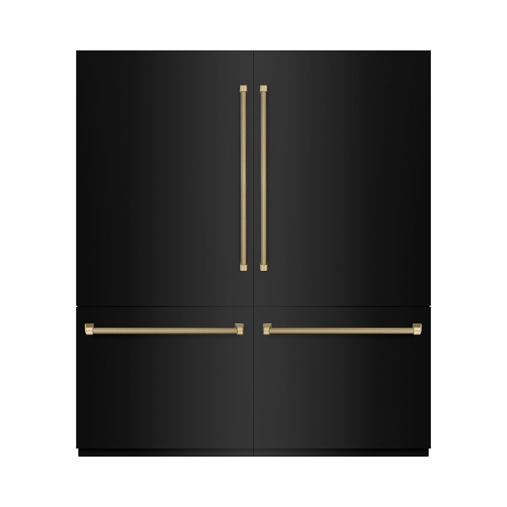 ZLINE Autograph Edition 72 in. 39.6 cu. ft. French Door Built-In Bottom Freezer Refrigerator with Water Dispensers and Ice Makers in Black Stainless Steel with Graphite Gray Interior and Champagne Bronze Helix Handles (GRBITZ-BS72-KCB)