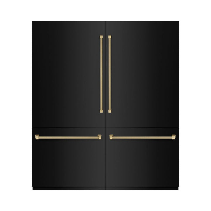 ZLINE Autograph Edition 72 in. 39.6 cu. ft. French Door Built-In Bottom Freezer Refrigerator with Water Dispensers and Ice Makers in Black Stainless Steel with Graphite Gray Interior and Champagne Bronze Helix Handles (GRBITZ-BS72-KCB)