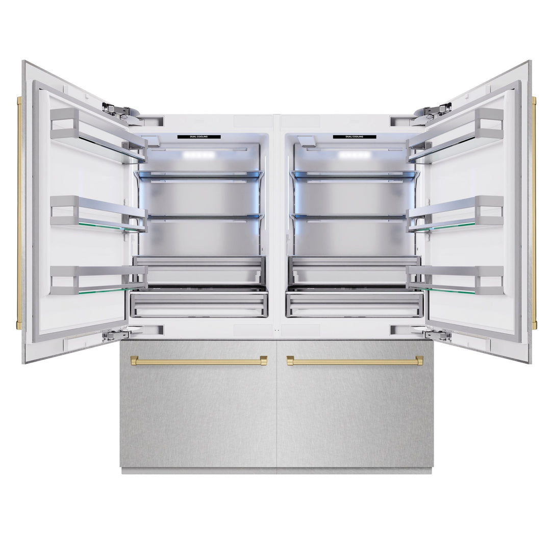 ZLINE Autograph Edition 72 in. 39.6 cu. ft. French Door Built-In Bottom Freezer Refrigerator with Water Dispensers and Ice Makers in Satin Stainless Steel and Champagne Bronze Accents (RBITZ-SN-72-CB)