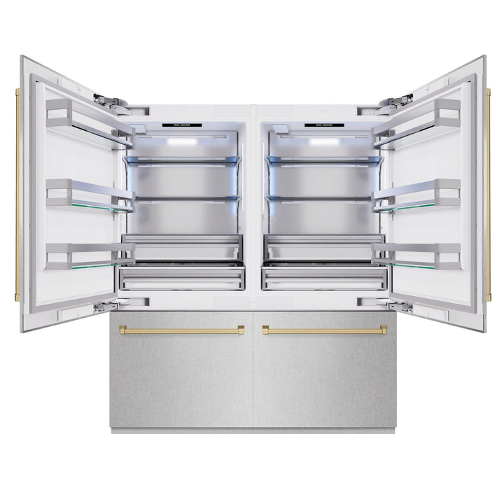 ZLINE Autograph Edition 72 in. 39.6 cu. ft. French Door Built-In Bottom Freezer Refrigerator with Water Dispensers and Ice Makers in Satin Stainless Steel and Champagne Bronze Accents (RBITZ-SN-72-CB)
