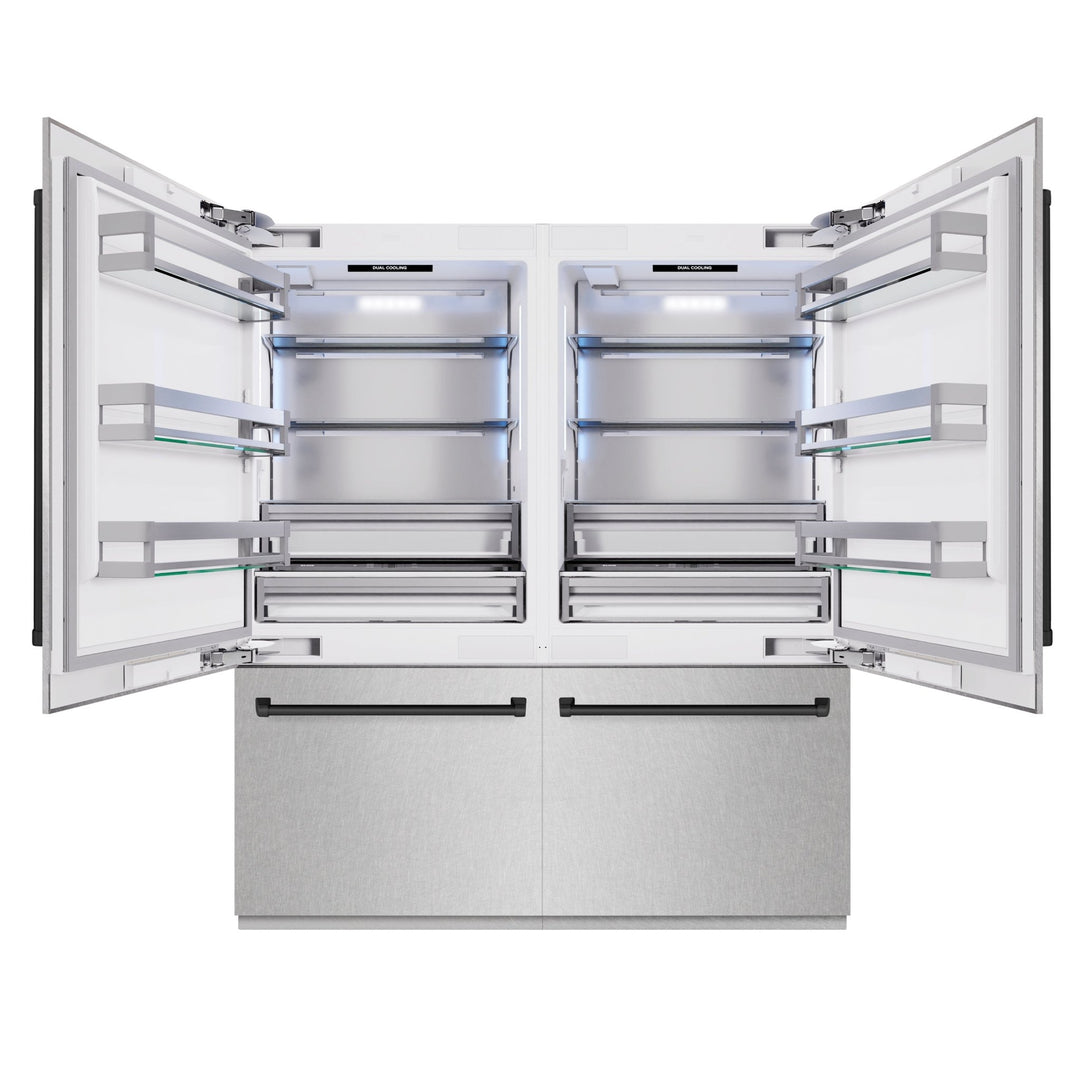 ZLINE Autograph Edition 72 in. 39.6 cu. ft. French Door Built-In Bottom Freezer Refrigerator with Water Dispensers and Ice Makers in Satin Stainless Steel and Matte Black Accents (RBITZ-SN-72-MB)
