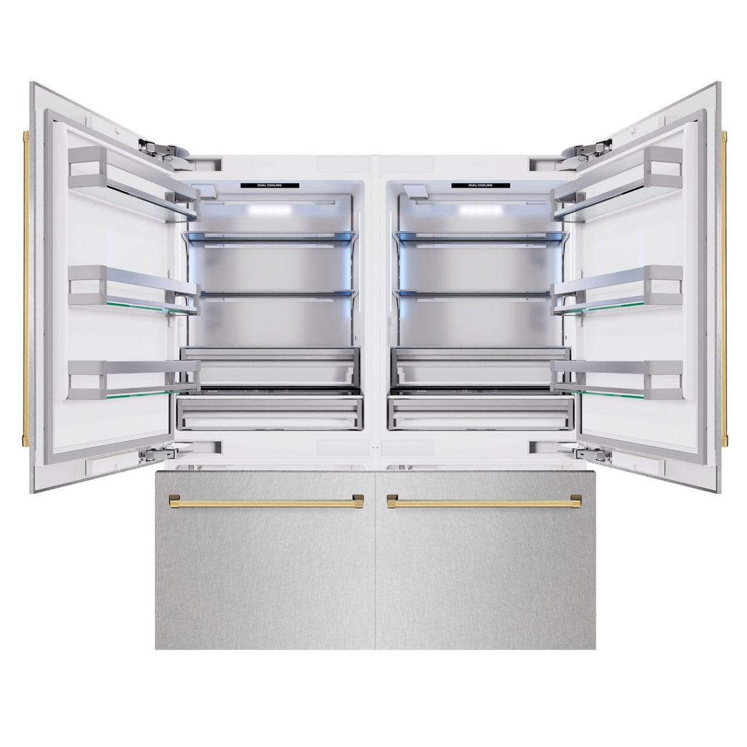 ZLINE Autograph Edition 72 in. 39.6 cu. ft. French Door Built-In Bottom Freezer Refrigerator with Water Dispensers and Ice Makers in Satin Stainless Steel and Polished Gold Accents (RBITZ-SN-72-G)