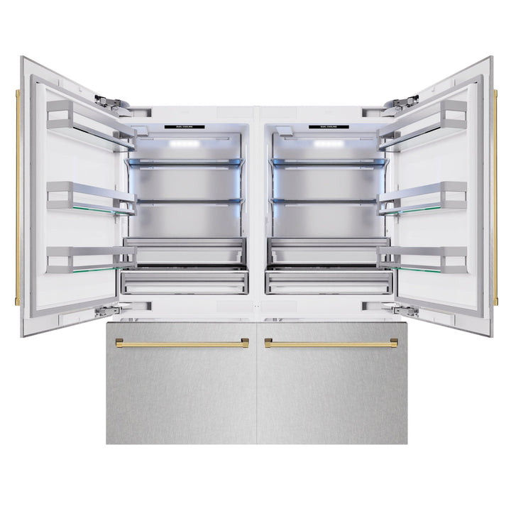 ZLINE Autograph Edition 72 in. 39.6 cu. ft. French Door Built-In Bottom Freezer Refrigerator with Water Dispensers and Ice Makers in Satin Stainless Steel and Polished Gold Accents (RBITZ-SN-72-G)