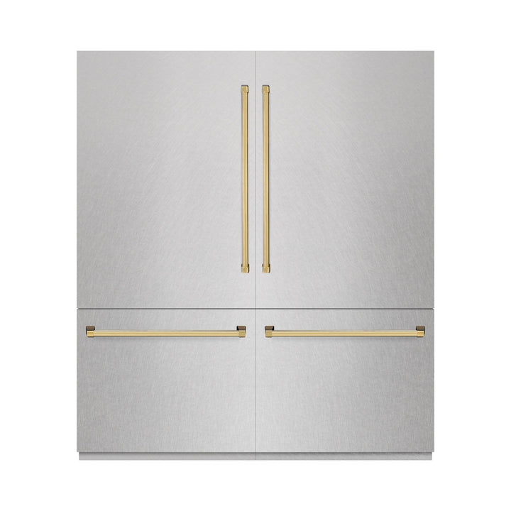 ZLINE Autograph Edition 72 in. 39.6 cu. ft. French Door Built-In Bottom Freezer Refrigerator with Water Dispensers and Ice Makers in Satin Stainless Steel and Polished Gold Accents (RBITZ-SN-72-G)