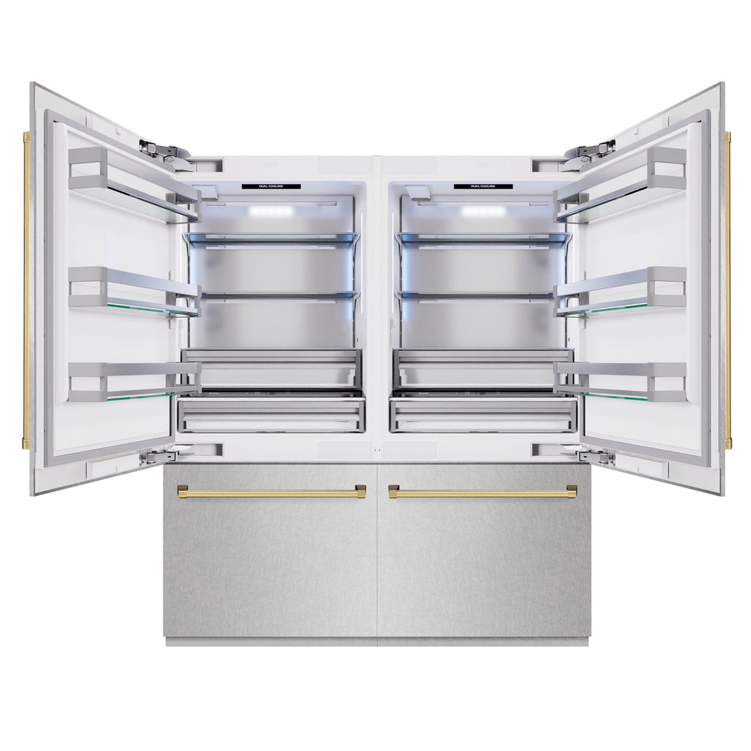 ZLINE Autograph Edition 72 in. 39.6 cu. ft. French Door Built-In Bottom Freezer Refrigerator with Water Dispensers and Ice Makers in Satin Stainless Steel and Polished Gold Accents (RBITZ-SN-72-G)