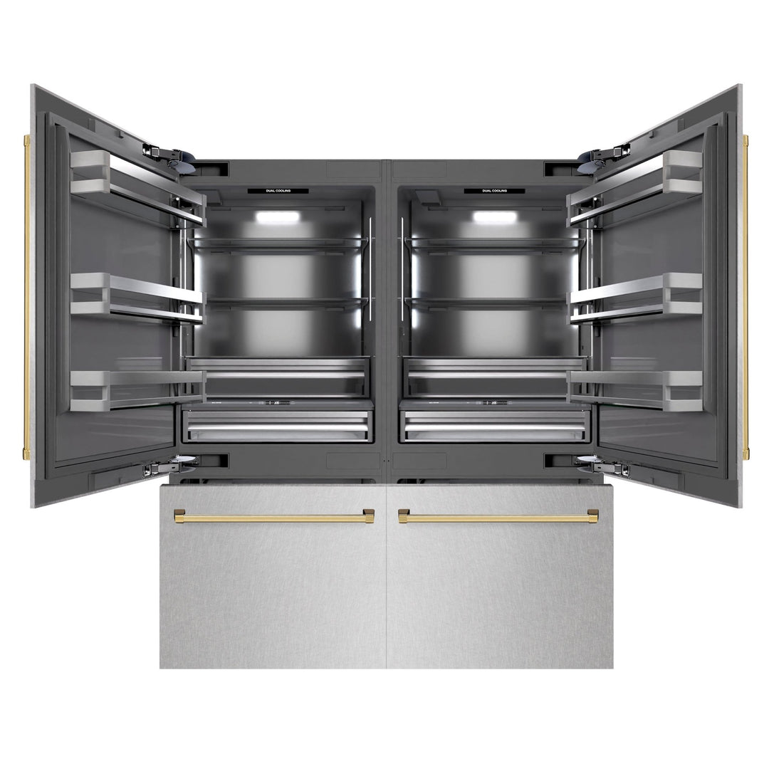 ZLINE Autograph Edition 72 in. 39.6 cu. ft. French Door Built-In Bottom Freezer Refrigerator with Water Dispensers and Ice Makers in Satin Stainless Steel with graphite Gray Interior and Polished Gold Accents (GRBITZ-SN-72-G)