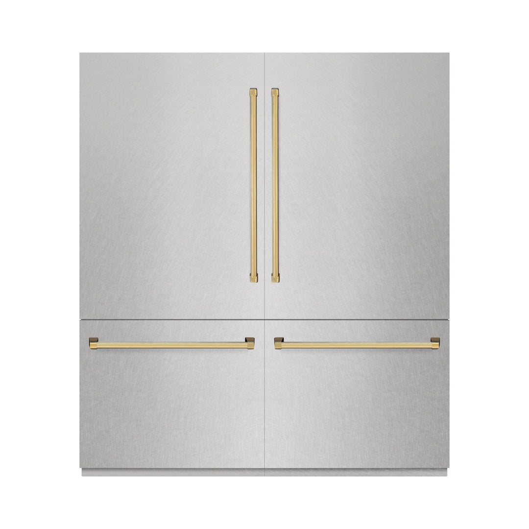 ZLINE Autograph Edition 72 in. 39.6 cu. ft. French Door Built-In Bottom Freezer Refrigerator with Water Dispensers and Ice Makers in Satin Stainless Steel with graphite Gray Interior and Polished Gold Accents (GRBITZ-SN-72-G)