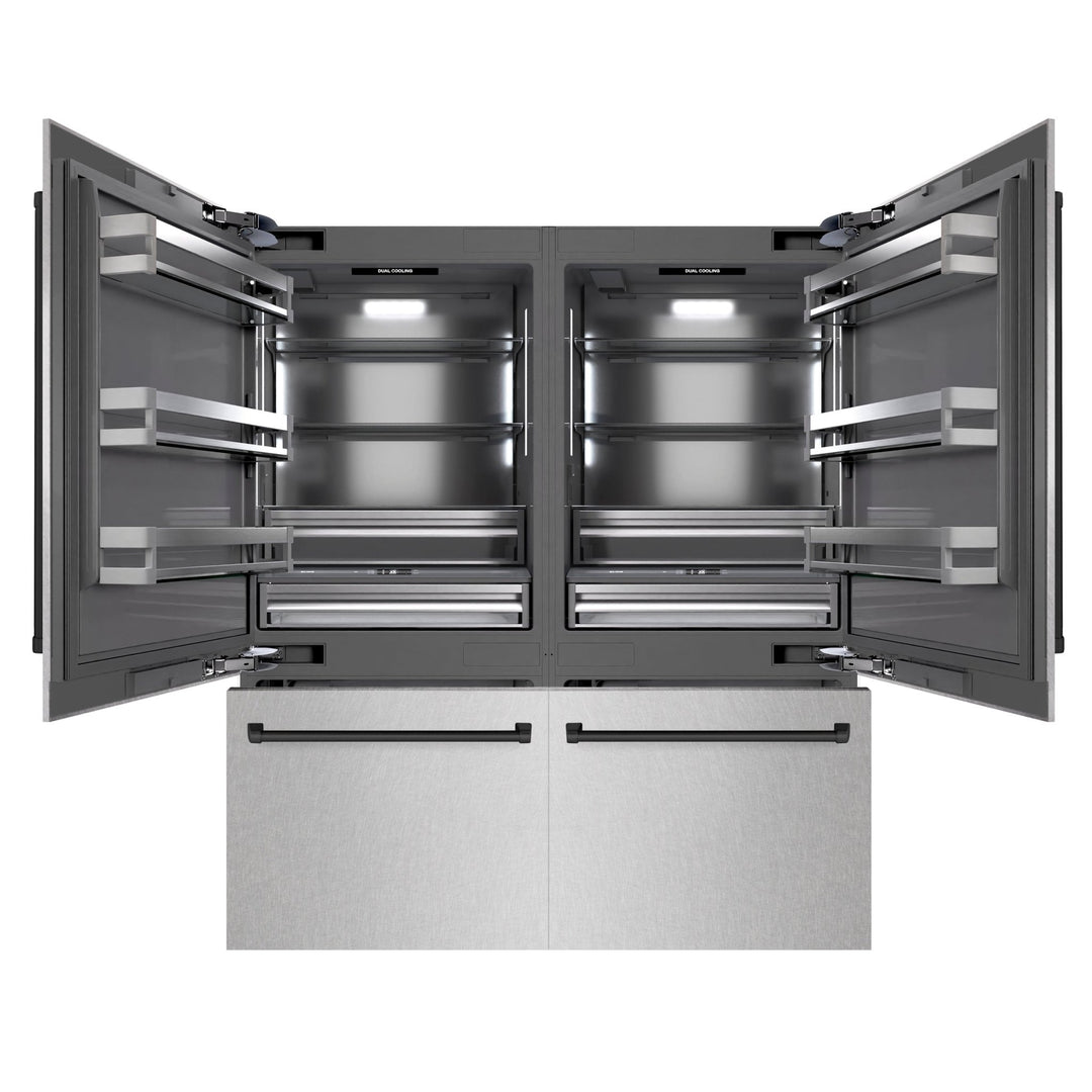 ZLINE Autograph Edition 72 in. 39.6 cu. ft. French Door Built-In Bottom Freezer Refrigerator with Water Dispensers and Ice Makers in Satin Stainless Steel with Graphite Gray Interior and Matte Black Accents (GRBITZ-SN-72-MB)