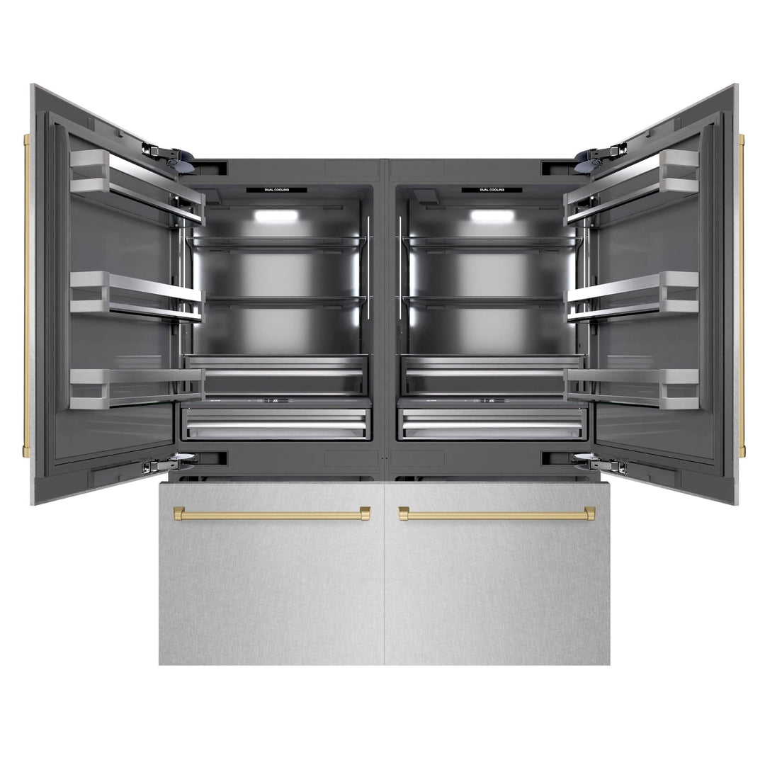 ZLINE Autograph Edition 72 in. 39.6 cu. ft. French Door Built-In Bottom Freezer Refrigerator with Water Dispensers and Ice Makers in Satin Stainless Steel with Graphite Gray Interior and Champagne Bronze Accents (GRBITZ-SN-72-CB)