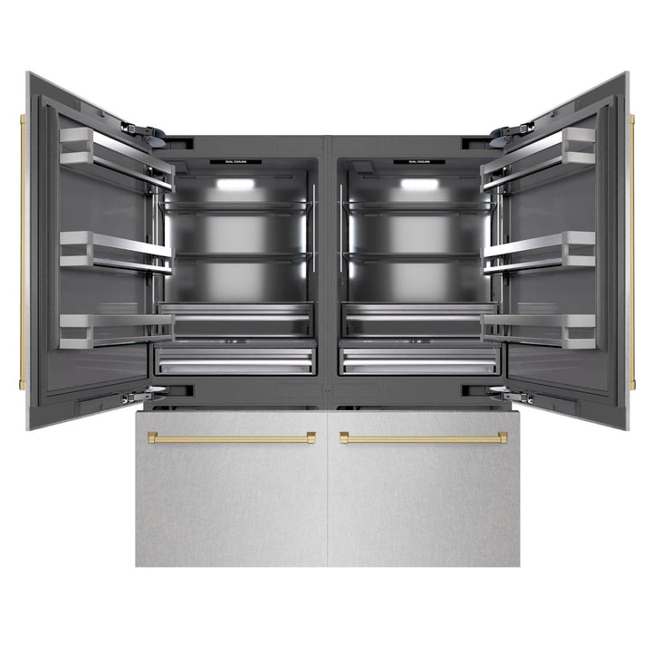 ZLINE Autograph Edition 72 in. 39.6 cu. ft. French Door Built-In Bottom Freezer Refrigerator with Water Dispensers and Ice Makers in Satin Stainless Steel with Graphite Gray Interior and Champagne Bronze Accents (GRBITZ-SN-72-CB)