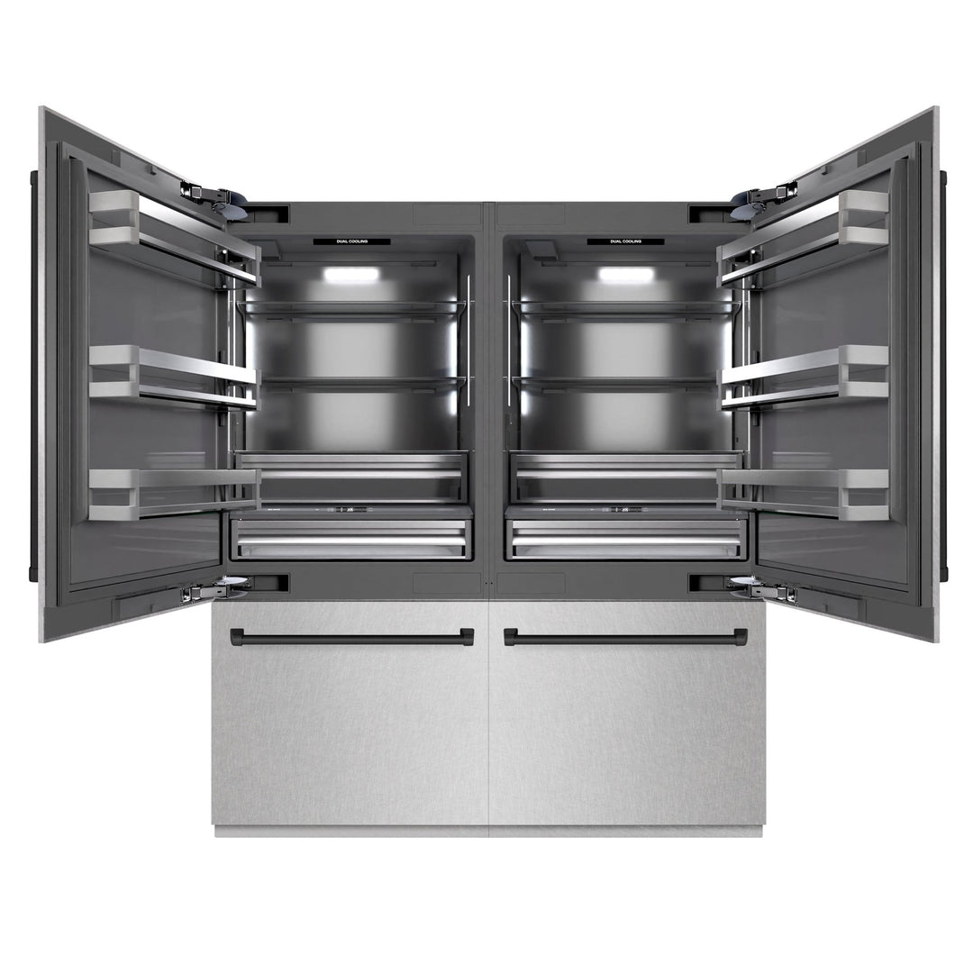 ZLINE Autograph Edition 72 in. 39.6 cu. ft. French Door Built-In Bottom Freezer Refrigerator with Water Dispensers and Ice Makers in Satin Stainless Steel with Graphite Gray Interior and Matte Black Accents (GRBITZ-SN-72-MB)