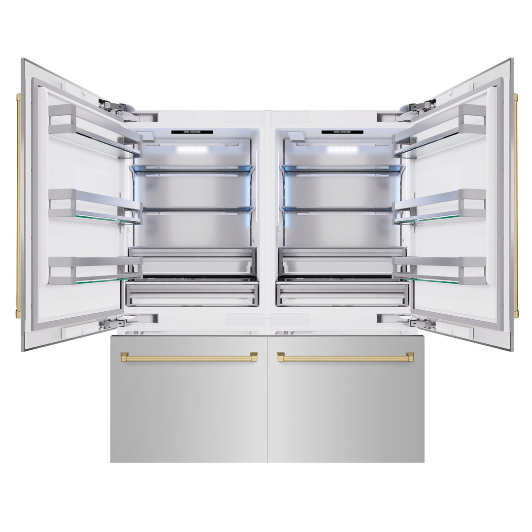 ZLINE Autograph Edition 72 in. 39.6 cu. ft. French Door Built-In Bottom Freezer Refrigerator with Water Dispensers and Ice Makers in Stainless Steel with Champagne Bronze Accents (RBITZ-304-72CB)