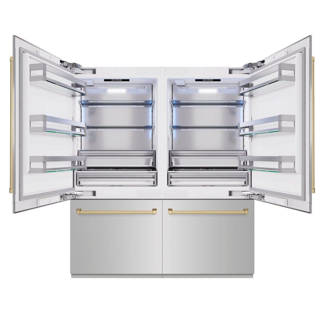 ZLINE Autograph Edition 72 in. 39.6 cu. ft. French Door Built-In Bottom Freezer Refrigerator with Water Dispensers and Ice Makers in Stainless Steel with Champagne Bronze Accents (RBITZ-304-72CB)