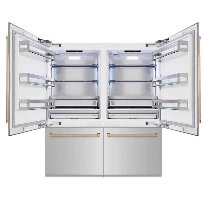 ZLINE Autograph Edition 72 in. 39.6 cu. ft. French Door Built-In Bottom Freezer Refrigerator with Water Dispensers and Ice Makers in Stainless Steel with Champagne Bronze Accents (RBITZ-304-72CB)