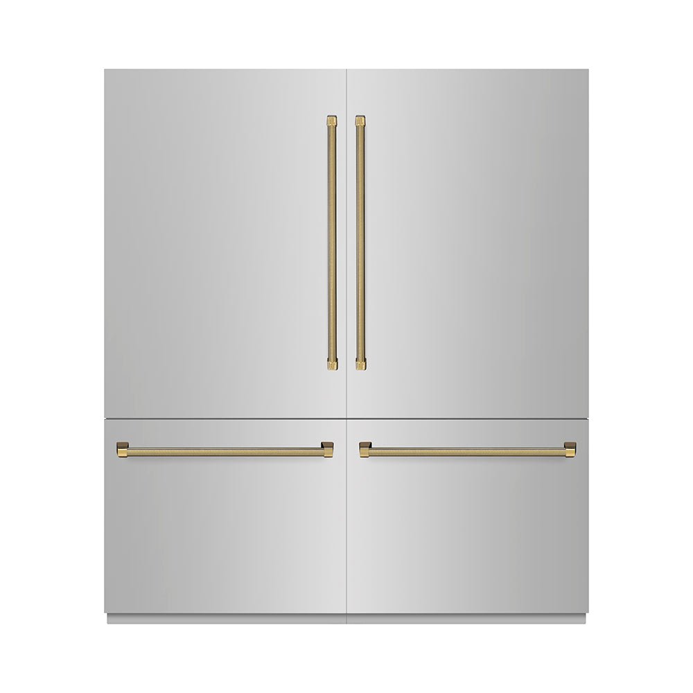 ZLINE Autograph Edition 72 in. 39.6 cu. ft. French Door Built-In Bottom Freezer Refrigerator with Water Dispensers and Ice Makers in Stainless Steel with Graphite Gray Interior and Polished Gold Helix Handles (GRBITZ-30472KG)