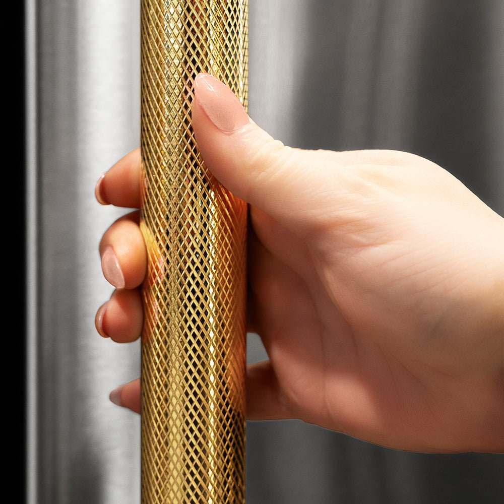 ZLINE Autograph Edition 72 in. 39.6 cu. ft. French Door Built-In Bottom Freezer Refrigerator with Water Dispensers and Ice Makers in Stainless Steel with Graphite Gray Interior and Polished Gold Helix Handles (GRBITZ-30472KG)