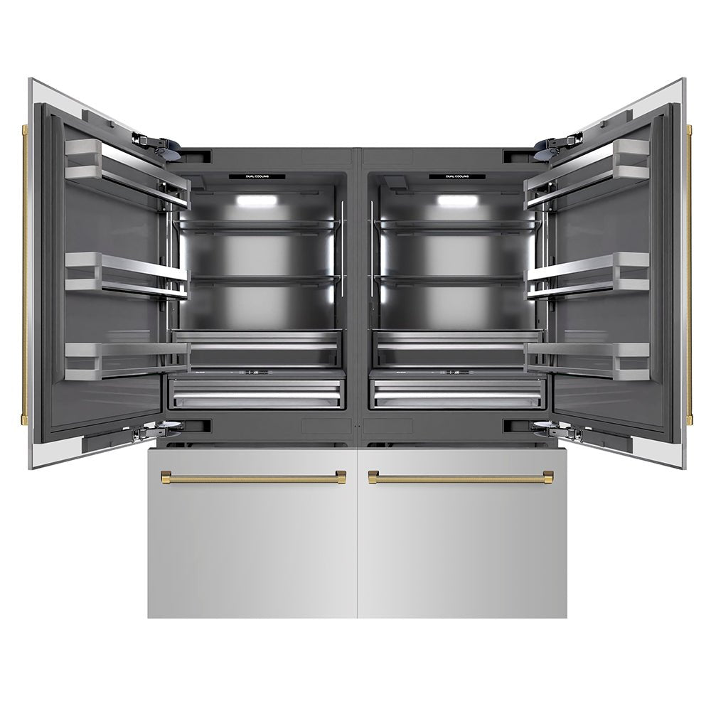 ZLINE Autograph Edition 72 in. 39.6 cu. ft. French Door Built-In Bottom Freezer Refrigerator with Water Dispensers and Ice Makers in Stainless Steel with Graphite Gray Interior and Polished Gold Helix Handles (GRBITZ-30472KG)