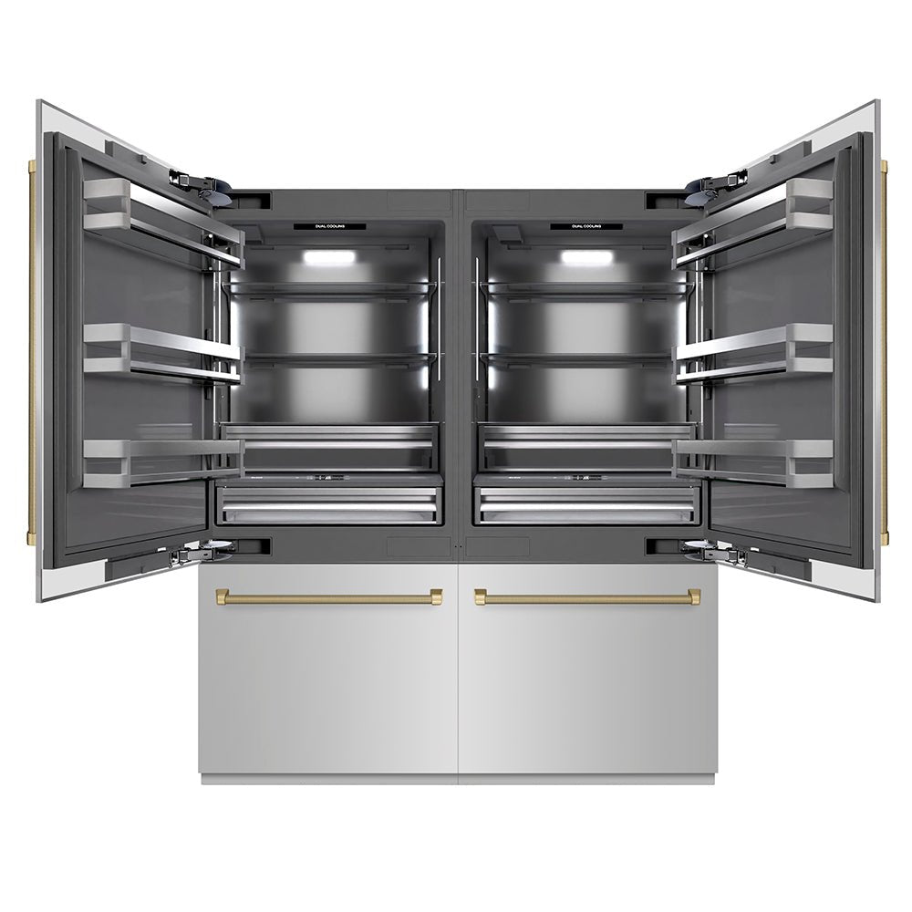 ZLINE Autograph Edition 72 in. 39.6 cu. ft. French Door Built-In Bottom Freezer Refrigerator with Water Dispensers and Ice Makers in Stainless Steel with Graphite Gray Interior and Champagne Bronze Helix Handles (GRBITZ-30472KCB)