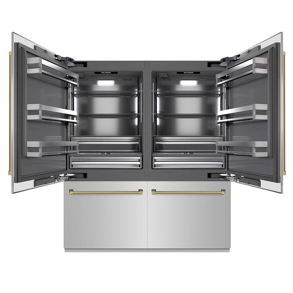 ZLINE Autograph Edition 72 in. 39.6 cu. ft. French Door Built-In Bottom Freezer Refrigerator with Water Dispensers and Ice Makers in Stainless Steel with Graphite Gray Interior and Polished Gold Helix Handles (GRBITZ-30472KG)