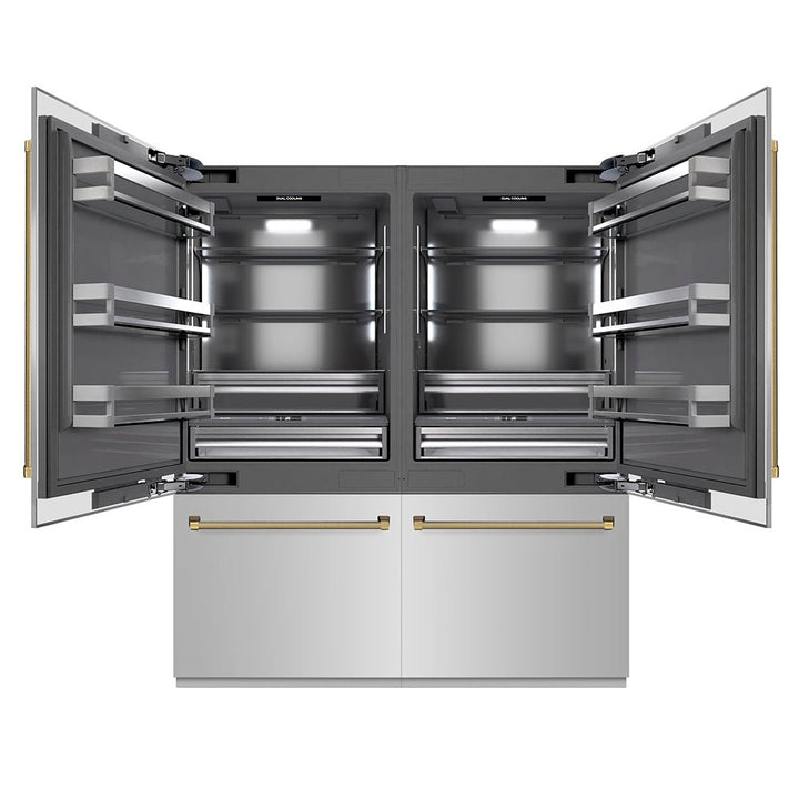 ZLINE Autograph Edition 72 in. 39.6 cu. ft. French Door Built-In Bottom Freezer Refrigerator with Water Dispensers and Ice Makers in Stainless Steel with Graphite Gray Interior and Polished Gold Helix Handles (GRBITZ-30472KG)