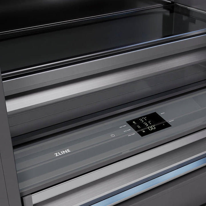 ZLINE Autograph Edition 72 in. 39.6 cu. ft. French Door Built-In Bottom Freezer Refrigerator with Water Dispensers and Ice Makers in Stainless Steel with Graphite Gray Interior and Polished Gold Helix Handles (GRBITZ-30472KG)