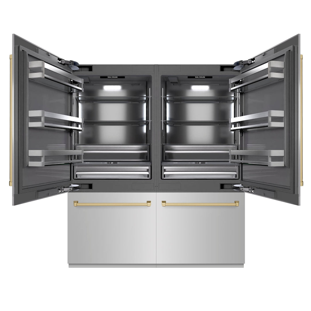 ZLINE Autograph Edition 72 in. 39.6 cu. ft. French Door Built-In Bottom Freezer Refrigerator with Water Dispensers and Ice Makers in Stainless Steel with Graphite Gray Interior and Champagne Bronze Accents (GRBITZ-304-72CB)