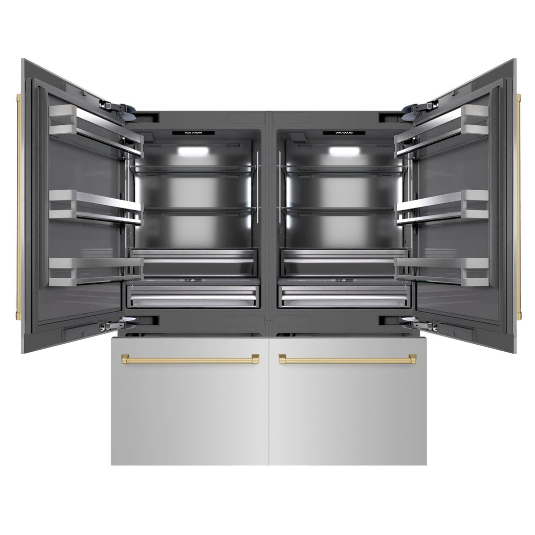 ZLINE Autograph Edition 72 in. 39.6 cu. ft. French Door Built-In Bottom Freezer Refrigerator with Water Dispensers and Ice Makers in Stainless Steel with Graphite Gray Interior and Champagne Bronze Accents (GRBITZ-304-72CB)