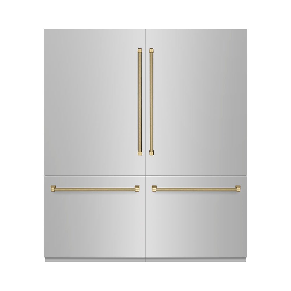 ZLINE Autograph Edition 72 in. 39.6 cu. ft. French Door Built-In Bottom Freezer Refrigerator with Water Dispensers and Ice Makers in Stainless Steel with Graphite Gray Interior and Champagne Bronze Helix Handles (GRBITZ-30472KCB)