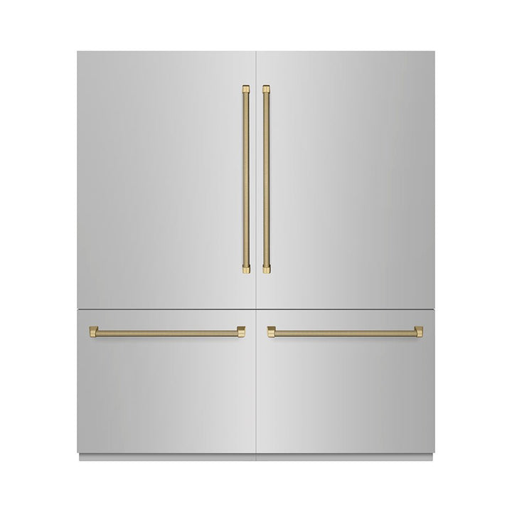 ZLINE Autograph Edition 72 in. 39.6 cu. ft. French Door Built-In Bottom Freezer Refrigerator with Water Dispensers and Ice Makers in Stainless Steel with Graphite Gray Interior and Champagne Bronze Helix Handles (GRBITZ-30472KCB)