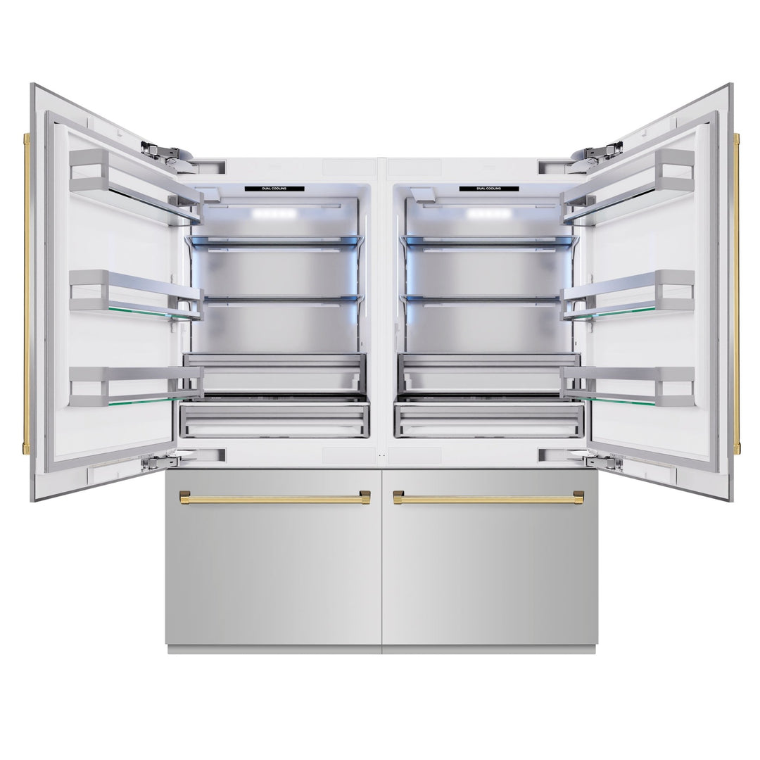 ZLINE Autograph Edition 72 in. 39.6 cu. ft. French Door Built-In Bottom Freezer Refrigerator with Water Dispensers and Ice Makers in Stainless Steel with Polished Gold Accents (RBITZ-304-72G)