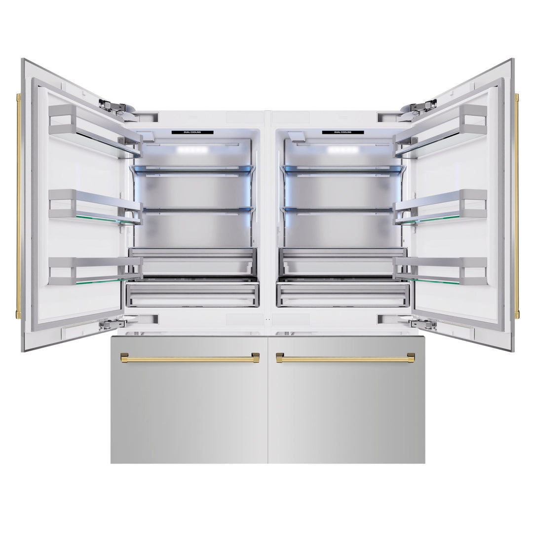 ZLINE Autograph Edition 72 in. 39.6 cu. ft. French Door Built-In Bottom Freezer Refrigerator with Water Dispensers and Ice Makers in Stainless Steel with Polished Gold Accents (RBITZ-304-72G)