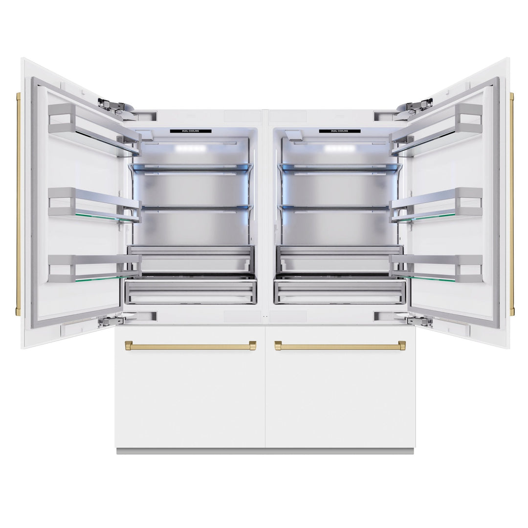 ZLINE Autograph Edition 72 in. 39.6 cu. ft. French Door Built-In Bottom Freezer Refrigerator with Water Dispensers and Ice Makers in White Matte and Champagne Bronze Accents (RBITZ-WM-72-CB)