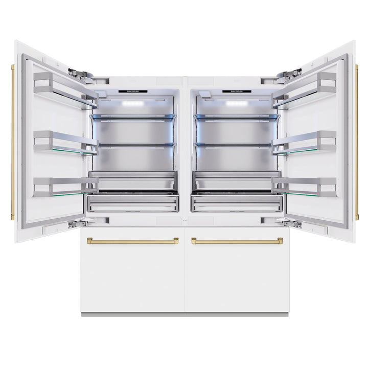 ZLINE Autograph Edition 72 in. 39.6 cu. ft. French Door Built-In Bottom Freezer Refrigerator with Water Dispensers and Ice Makers in White Matte and Champagne Bronze Accents (RBITZ-WM-72-CB)