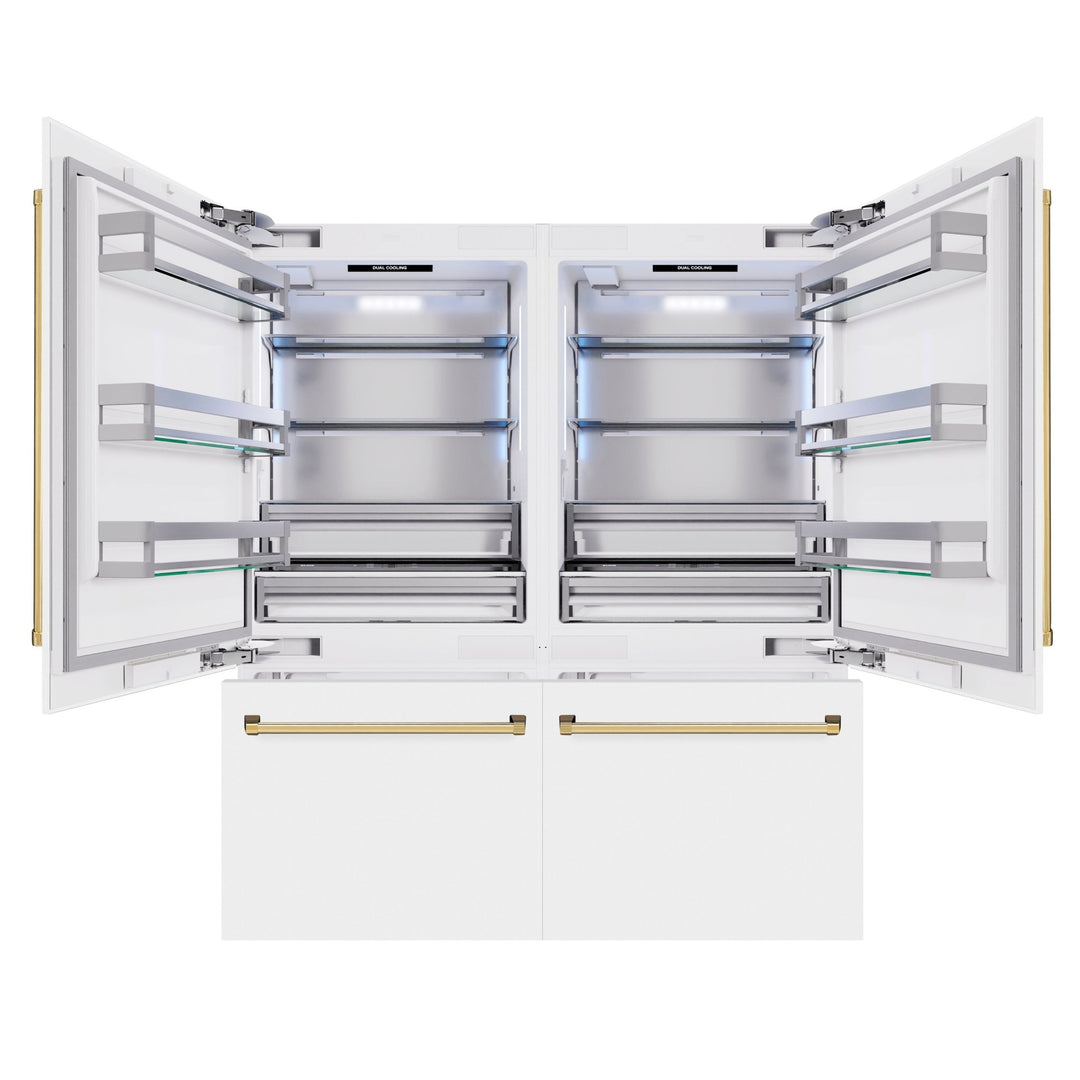 ZLINE Autograph Edition 72 in. 39.6 cu. ft. French Door Built-In Bottom Freezer Refrigerator with Water Dispensers and Ice Makers in White Matte and Polished Gold Accents (RBITZ-WM-72-G)